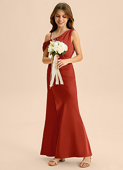 Azazie Madelyn Junior Osłona Zza ramienia Satyna elastyczna Długość podłogi Młodsza druhna Sukienka image5