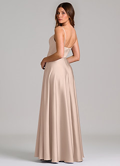 Azazie Amani At-home Try On Dresses Dusty Blue A-Line Pleated Stretch Satin Dress image2