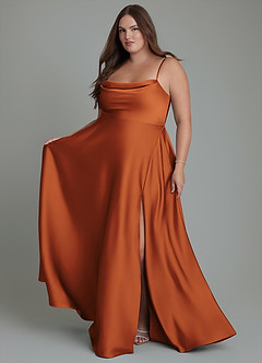 Azazie Elle Bridesmaid Dresses Cinnamon A-Line Pleated Stretch Satin Dress image8