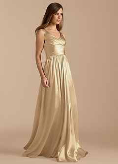 Azazie Keyla Bridesmaid Dresses Champagne A-Line Pleated Metallic Satin Dress image7