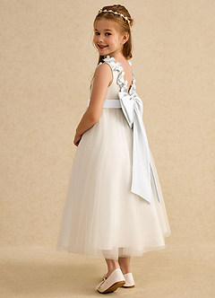 Azazie Lilli 플라워 걸 드레스 A라인 절하다 얇실버 명주 그물 발목 길이 드레스 image4