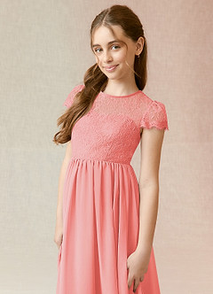 Azazie Delevingne Junior Coral A-Line Lace Chiffon Dress image4