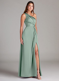 Azazie Brooke Bridesmaid Dresses Agave A-Line One Shoulder Stretch Satin Dress image5