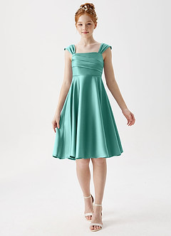 Azazie Amira Junior Aqua A-Line Pleated Stretch Satin Dress image1