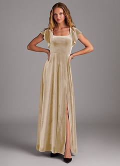 Azazie Bondi Bridesmaid Dresses Champagne A-Line Side Slit Velvet Dress image4