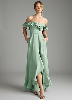 Azazie Lyra Bridesmaid Dresses Agave A-Line Off the Shoulder Stretch Satin Convertible Dress image1