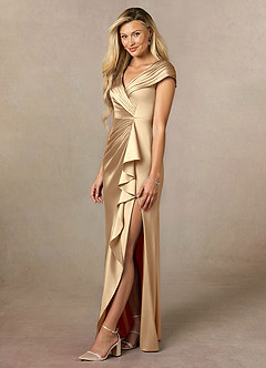 Azazie Anderson Mother of the Bride Dresses Champagne A-Line Pleated Stretch Satin Dress image4