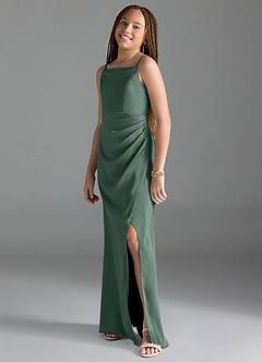 Azazie Leonis Junior Eucalyptus A-Line Pleated Stretch Satin Dress image4