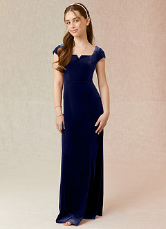 Azazie Gabi Junior Dark Navy A-Line Velvet Dress image1
