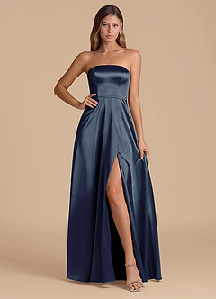 Azazie Wren Brudtärnklänningar Klä av A-Linje i Metallisk satin Axelbandslös Mörk Marinblå image1