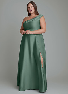 Azazie Melanie Bridesmaid Dresses Eucalyptus A-Line Off the Shoulder Stretch Satin Dress image7