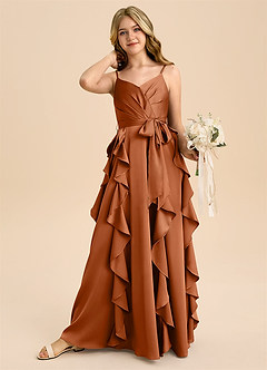 Azazie Peyton Junior Robe Trapèze en Satin extensible Plissée Cuivre image3