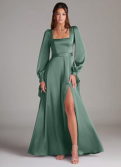 Azazie Leonia Bridesmaid Dresses Eucalyptus A-Line Long Sleeve Stretch Satin Dress image1