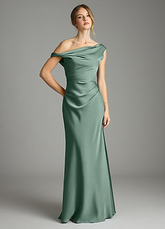 Azazie Emerson Bridesmaid Dresses Eucalyptus Mermaid Off the Shoulder Stretch Satin Dress image1