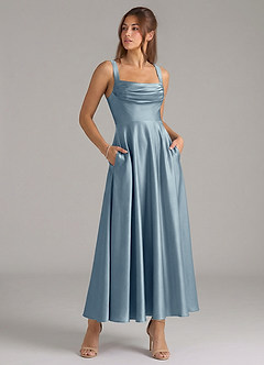 Azazie Shaude Bridesmaid Dresses Dusty Blue A-Line Pleated Stretch Satin Dress image3
