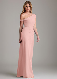 Azazie Emerson At-home Try On Dresses Dusty Blue Sheath Off the Shoulder Chiffon Dress image5