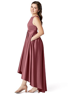 Azazie Inaya Junior Desert Rose A-Line with Belt Stretch Satin Dress image3