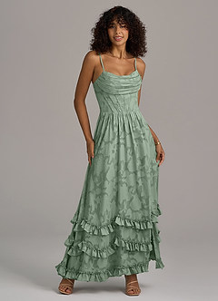 Azazie Lettie Robes de demoiselle d'honneur Robe Trapèze en Blumen-Burnout Corset Matcha image1