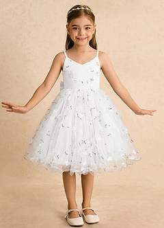 Azazie Junebug Blumenmädchenkleider Ballkleid Spaghetti Riemen Tüll Kleid Weiß image3