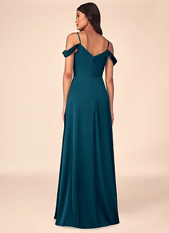 Azazie Ocean Bridesmaid Dresses Ink Blue A-Line V-Neck Pleated Stretch Satin Dress image2
