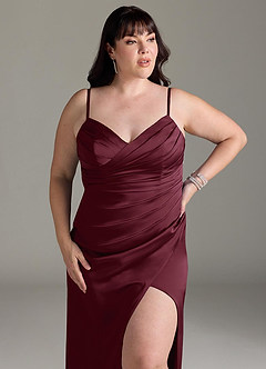 Azazie Yola Vestidos de damas de honor Vestido de Cabernet de Satén Elástico de Corte Recto Convertible con Cuello en V Plisado image14