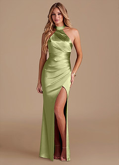Azazie Karlotta Bridesmaid Dresses Pistachio Sheath Pleated Metallic Satin Dress image1