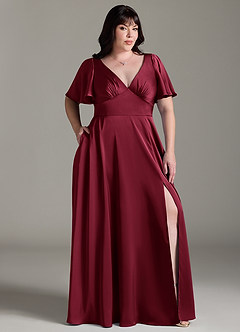 Azazie Kimber Bridesmaid Dresses Burgundy A-Line Ruched Stretch Satin Dress image3