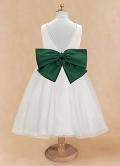 Azazie Seline Flower Girl Dresses Ivory Dark Green A-Line Bow Tulle Dress image7