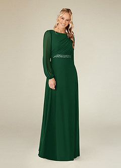 Azazie Priyanka Mother of the Bride Dresses Dark Green A-Line Boatneck Pleated Chiffon Dress image1