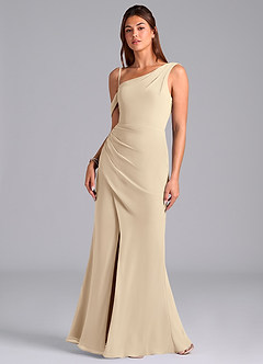 Azazie Madelyn Robes de demoiselle d'honneur Robe Sirène Convertible en Mousseline de soie Ue épaule Champagne image4