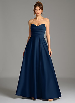 Azazie Ayla Vestidos de damas de honor Vestido Azul Marino Oscuro de Satén Elástico de Línea A con Corsé image3