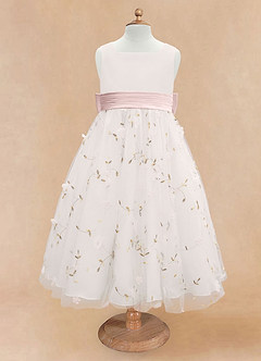 Azazie Pollie Flower Girl Dresses Ivory Blushing Pink A-Line Bow Tulle Dress image3