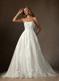 Azazie Keri Wedding Dresses Diamond White Ball-Gown Strapless Lace Dress image1