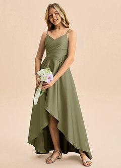 Azazie Eirlys Junior Vestido Pistache de Cetim elástico de Linha A com Plissado image4