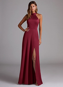 Azazie Myra Bridesmaid Dresses Burgundy A-Line High Neck Stretch Satin Dress image1