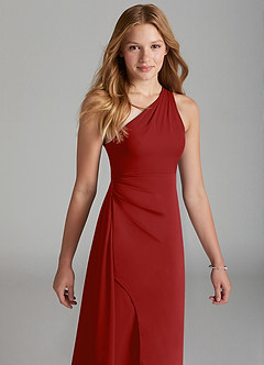 Azazie Maron Junior Pomegranate A-Line Pleated Stretch Satin Dress image3