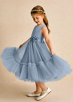 Azazie Miracle Flower Girl Dresses Dusty Blue A-Line Bow Matte Satin Dress image1