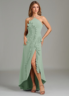 Azazie Yelena Bridesmaid Dresses Agave A-Line Ruched Chiffon Dress image3