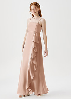 Azazie Kaylee Junior English Rose A-Line with Belt Stretch Satin Dress image4