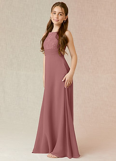 Azazie Snow Junior Jurk van Chiffon met A-Lijn Kant Woestijnroos image3