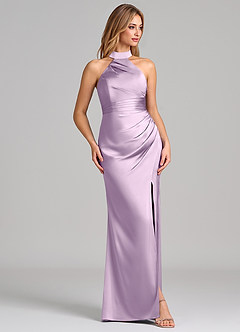 Azazie Karlotta 신부 들러리 드레스 쉬스 주름진 스트레치 새틴 바닥 길이 드레스 image5