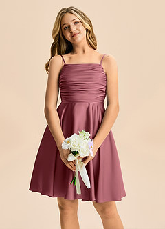 Azazie Miko Junior Vestido de Rosa Del Desierto de Satén Elástico de Corte en A con Plisado image6