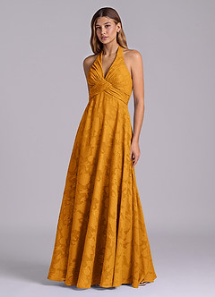 Azazie Tessie Bridesmaid Dresses Butterscotch A-Line Pleated Floral Burnout Dress image3