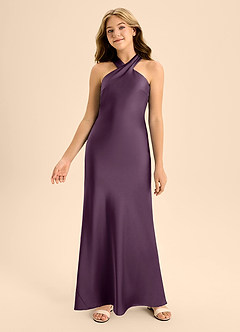 Azazie Doretta Junior Plum A-Line Pleated Stretch Satin Dress image4