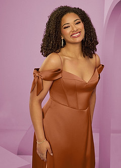 Barbie ♥ Azazie Bridesmaid Dresses Copper A-Line Off the Shoulder Stretch Satin Dress image7