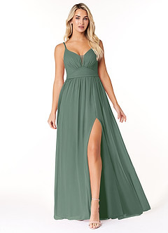Azazie Rayna Bridesmaid Dresses Eucalyptus A-Line V-Neck Pleated Chiffon Dress image1