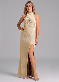 Azazie Jemma Robes de demoiselle d'honneur Robe Fourreau en velours Plissée Champagne image3
