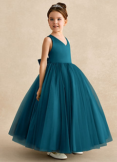 Azazie Peanut Robe Demoiselle D'honneur Fillette Robe Trapèze en Tulle Bretelle Bleu Encre image2