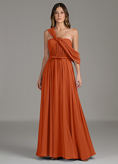 Azazie Nyah Bridesmaid Dresses Burnt Orange A-Line Off the Shoulder Chiffon Dress image1