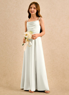 Azazie Chamomile Girls Formal Sukienki dla dziewczynek sypiących kwiaty Linia A Pofałdowany Satyna elastyczna Długość podłogi Sukienka image3